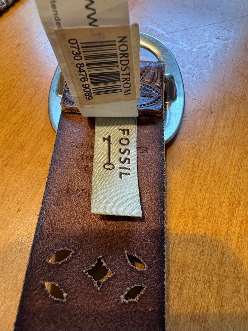Fossil Brown Leather Belt with Oval Silver Buckle and Embossed Cutouts - Picture 5 of 7